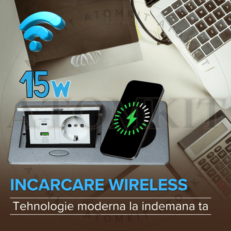 Casa si Gradina - Electrice - Prize - Priza Incorporabila in mobilier, ATOMKIT, 1 Prize Schuko, USB A+C 20W, Incarcare WIRELESS 15W, Cablu atasar, Argintiu - Infinity.ro