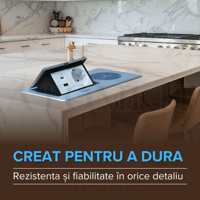 Casa si Gradina - Electrice - Prize - Priza Incorporabila in mobilier, ATOMKIT, 1 Prize Schuko, USB A+C 20W, Incarcare WIRELESS 15W, Cablu atasar, Argintiu - Infinity.ro