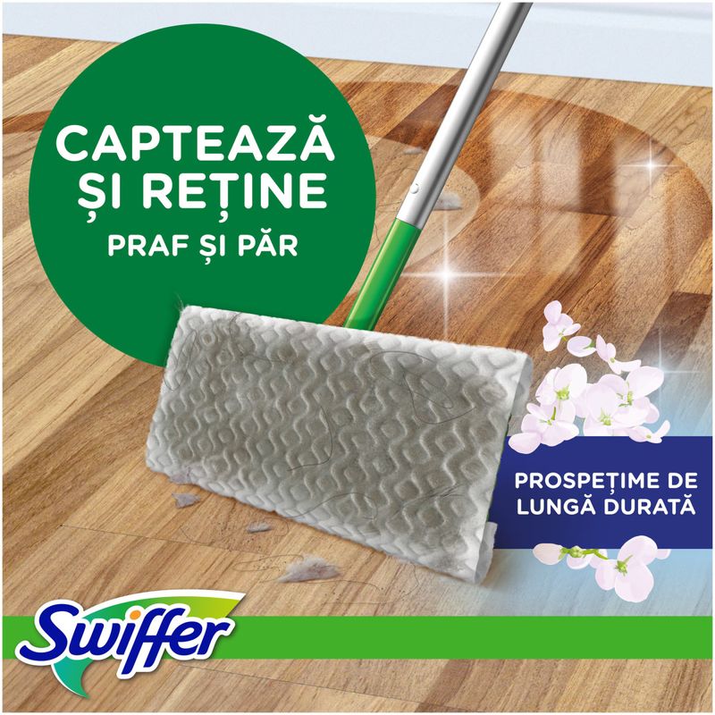 Market - Curatenie si intretinere casa - Produse menaj - Mopuri - Trusa de baza cu Mop Uscat/Umed Swiffer Trap & Lock 1 Mop, 8 Rezerve lavete uscate + 3 Rezerve lavete umede, Fresh - Infinity.ro
