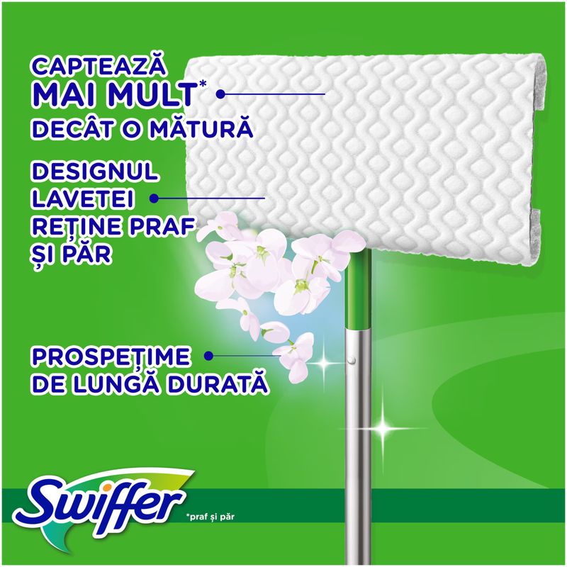 Market - Curatenie si intretinere casa - Produse menaj - Mopuri - Trusa de baza cu Mop Uscat/Umed Swiffer Trap & Lock 1 Mop, 8 Rezerve lavete uscate + 3 Rezerve lavete umede, Fresh - Infinity.ro