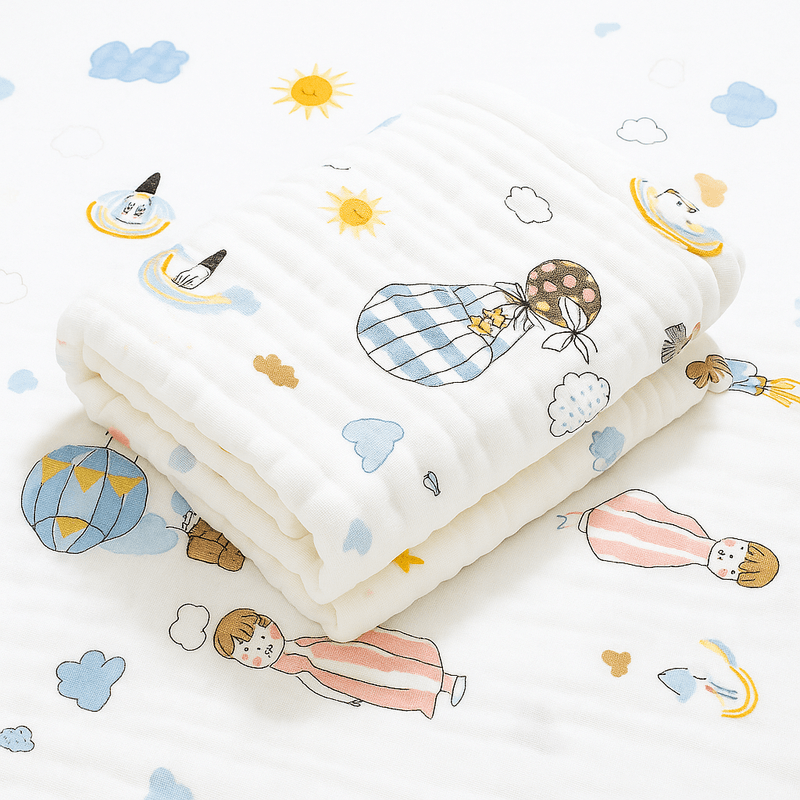 Jucarii, Copii si Bebe - Igiena si ingrijire - Baia bebelusului - Prosoape si halate de baie copii - Prosop muselina/bumbac REDQUIT®, alb cu baloane, 70×90 cm – pentru bebelusi si copii - Infinity.ro