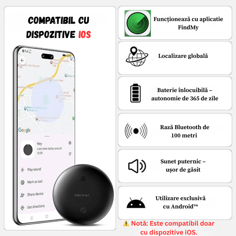Laptop, Telefoane si Tablete - Wearables si gadgeturi - Gadgeturi - Dispozitiv Anti-Pierdere BIRAI SafeTag, Compatibil IOS, Localizare GPS Tracker, Globala, , Fara SIM, Negru - Infinity.ro