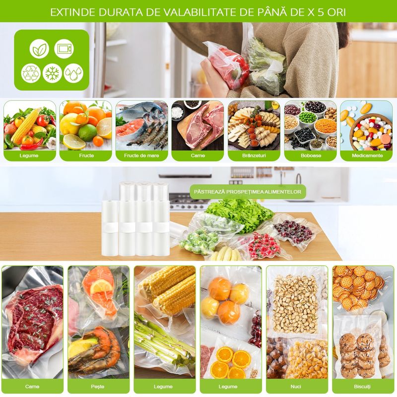 Electronice si Electrocasnice - Electrocasnice bucatarie - Mixere, tocatoare & roboti de bucatarie - Aparate de vidat - Rola Pungi de Vidat Gofrate MRG MJM, 12 x 300 cm, Pentru Aparat de Vidat - Infinity.ro