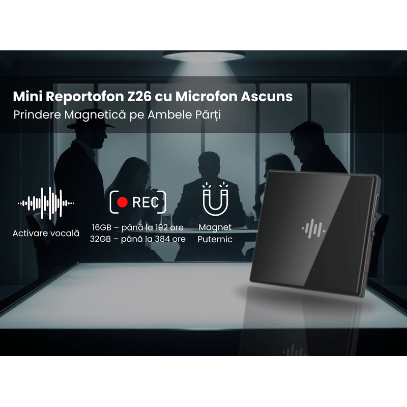 TV, Audio-Video si Foto - Portabile audio - Reportofoane - Mini Reportofon Z26 16GB Negru, Inregistrare pana la 192h, Activare Vocala, Magnet Dublu – ZeroSecrets - Infinity.ro