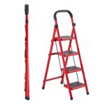 Casa si Gradina - Constructii - Scari si accesorii interioare - Scari aluminiu/ otel - Scara pliabila metalica 4 trepte, antiderapanta, compacta, rosie, 145 cm - Infinity.ro