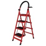 Casa si Gradina - Constructii - Scari si accesorii interioare - Scari aluminiu/ otel - Scara pliabila metalica 4 trepte, antiderapanta, compacta, rosie, 145 cm - Infinity.ro
