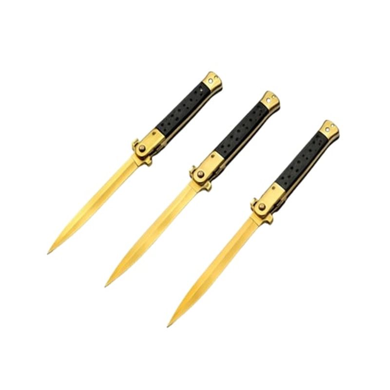 Sport si Outdoor - Camping - Cutite, bricege si accesorii - Cutite si bricege - Set 3 Bricege tip Stiletto, deschidere manuala, 33 cm, lama metalica aurie - Infinity.ro