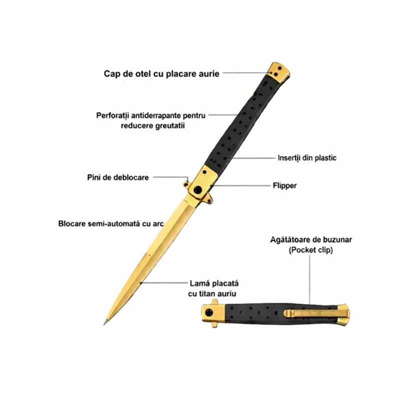 Sport si Outdoor - Camping - Cutite, bricege si accesorii - Cutite si bricege - Set 2 Bricege tip Stiletto, multicolor/auriu, deschidere manuala, lungime 33 cm, lama metalica - Infinity.ro