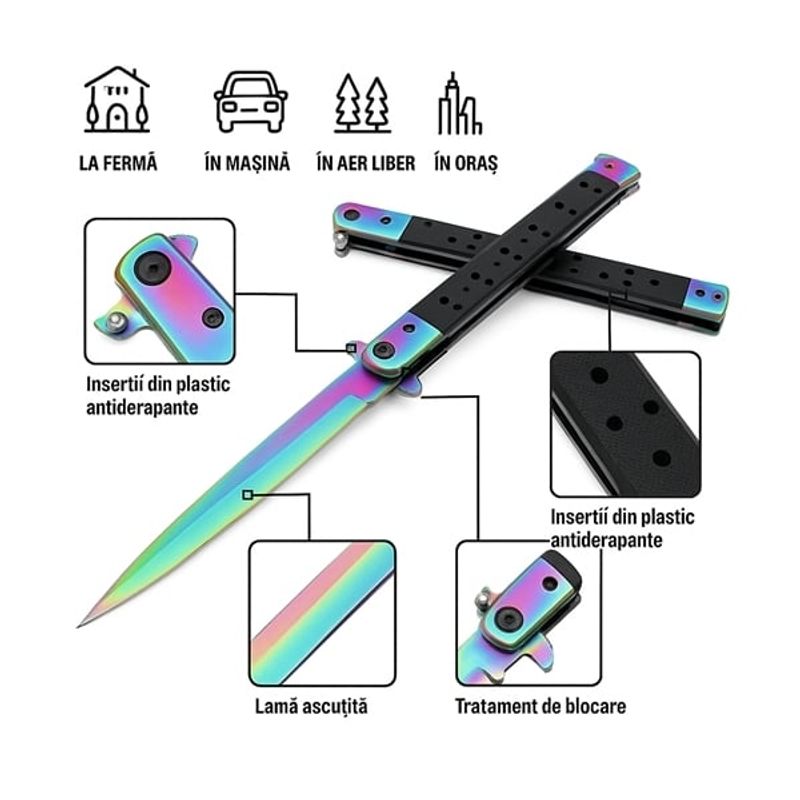 Sport si Outdoor - Camping - Cutite, bricege si accesorii - Cutite si bricege - Set 2 Bricege tip Stiletto, multicolor/auriu, deschidere manuala, lungime 33 cm, lama metalica - Infinity.ro