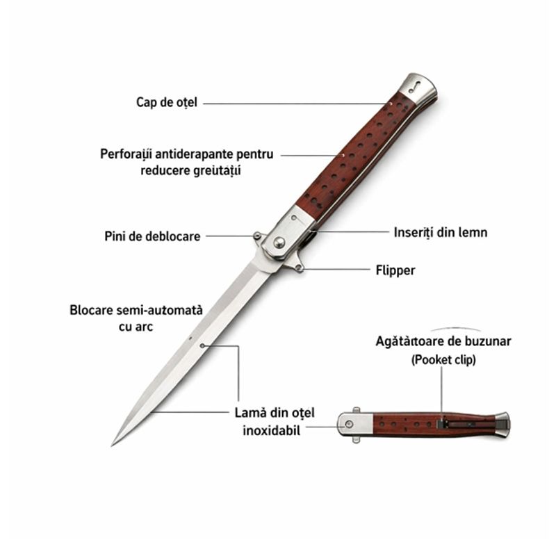 Sport si Outdoor - Camping - Cutite, bricege si accesorii - Cutite si bricege - Set 3 Bricege tip Stiletto, deschidere manuala, lungime 33 cm, lama metalica, maro, lemn - Infinity.ro