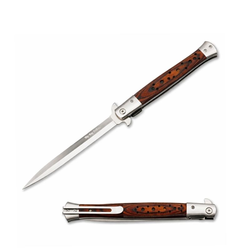 Sport si Outdoor - Camping - Cutite, bricege si accesorii - Cutite si bricege - Set 3 Bricege tip Stiletto, deschidere manuala, lungime 33 cm, lama metalica, maro, lemn - Infinity.ro