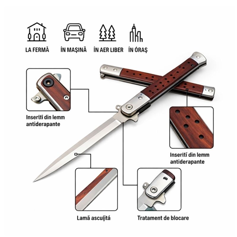 Sport si Outdoor - Camping - Cutite, bricege si accesorii - Cutite si bricege - Set 2 Bricege tip Stiletto, deschidere manuala, lungime 33 cm, lama metalica, maro, lemn - Infinity.ro