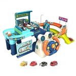 Jucarii, Copii si Bebe - Jucarii si jocuri - Jucarii & jocuri educative - Jocuri si jucarii educative - Set de Joaca Pista & Parcare DinoTrack Brivoo®, Volan Functional cu Lumini si Sunete, 4 Masinute Incluse,  Green/Blue - Infinity.ro