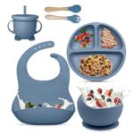 Jucarii, Copii si Bebe - Hrana si alaptare - Biberoane, suzete si accesorii hranire - Articole hranire bebelusi - Set diversificare bebelusi din Silicon, Brivoo®, farfurie cu ventuza, bol, tacamuri, cana, Gri albastrui deschis - Infinity.ro