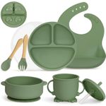 Jucarii, Copii si Bebe - Hrana si alaptare - Biberoane, suzete si accesorii hranire - Articole hranire bebelusi - Set diversificare bebelusi din Silicon, Brivoo®, farfurie cu ventuza, bol, tacamuri, cana, Verde Olive deschis - Infinity.ro