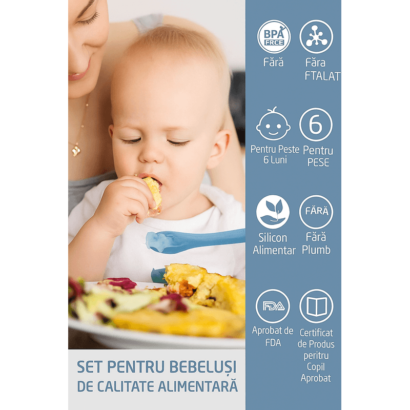 Jucarii, Copii si Bebe - Hrana si alaptare - Biberoane, suzete si accesorii hranire - Articole hranire bebelusi - Set diversificare bebelusi din Silicon, Brivoo®, farfurie cu ventuza, bol, tacamuri, cana, Gri albastrui deschis - Infinity.ro