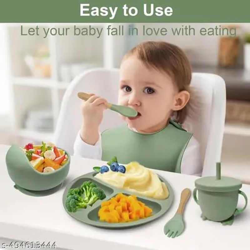 Jucarii, Copii si Bebe - Hrana si alaptare - Biberoane, suzete si accesorii hranire - Articole hranire bebelusi - Set diversificare bebelusi din Silicon, Brivoo®, farfurie cu ventuza, bol, tacamuri, cana, Verde Olive deschis - Infinity.ro