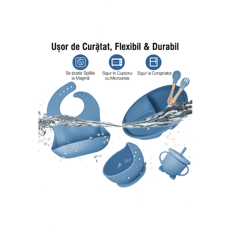 Jucarii, Copii si Bebe - Hrana si alaptare - Biberoane, suzete si accesorii hranire - Articole hranire bebelusi - Set diversificare bebelusi din Silicon, Brivoo®, farfurie cu ventuza, bol, tacamuri, cana, Gri albastrui deschis - Infinity.ro