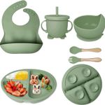 Jucarii, Copii si Bebe - Hrana si alaptare - Biberoane, suzete si accesorii hranire - Articole hranire bebelusi - Set diversificare bebelusi din Silicon, Brivoo®, farfurie cu ventuza, bol, tacamuri, cana, Verde Olive deschis - Infinity.ro