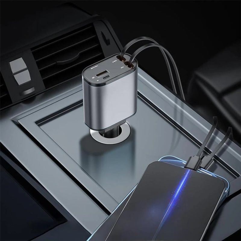 Laptop, Telefoane si Tablete - Telefoane mobile si accesorii - Accesorii Telefoane - Incarcatoare telefoane - Incarcator Auto Multifunctional 4 in 1 – 120W, Cablu Retractabil USB-C & Lightning, Afisaj Digital, Brivoo® - Infinity.ro