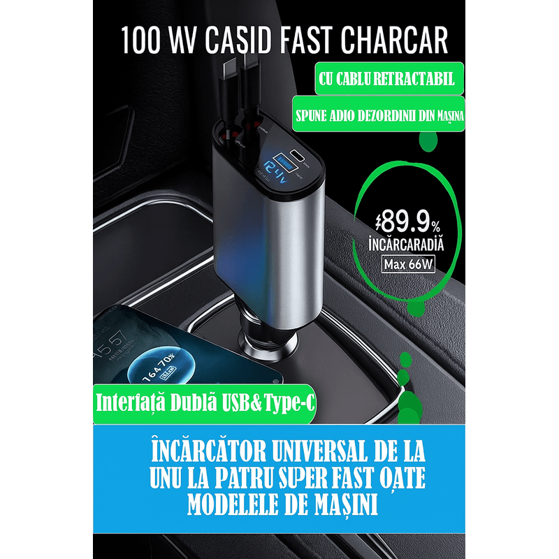 Laptop, Telefoane si Tablete - Telefoane mobile si accesorii - Accesorii Telefoane - Incarcatoare telefoane - Incarcator Auto Multifunctional 4 in 1 – 120W, Cablu Retractabil USB-C & Lightning, Afisaj Digital, Brivoo® - Infinity.ro