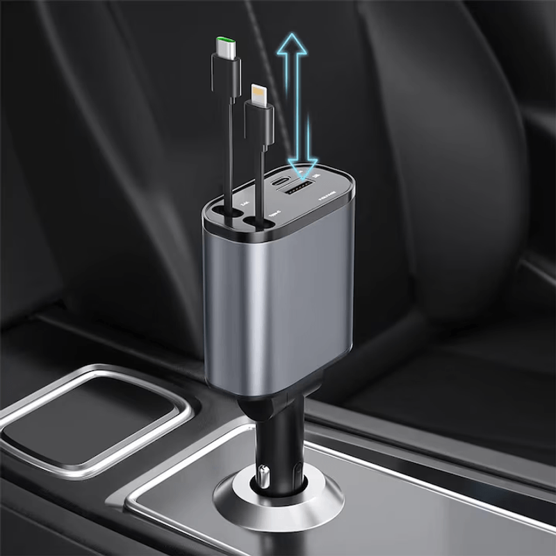 Laptop, Telefoane si Tablete - Telefoane mobile si accesorii - Accesorii Telefoane - Incarcatoare telefoane - Incarcator Auto Multifunctional 4 in 1 – 120W, Cablu Retractabil USB-C & Lightning, Afisaj Digital, Brivoo® - Infinity.ro