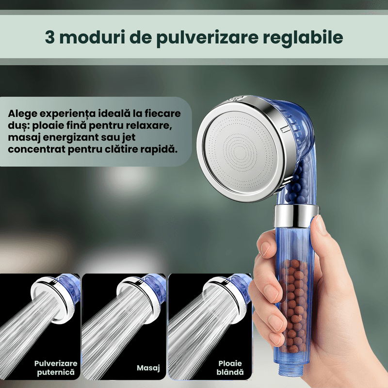 Casa si Gradina - Sanitare - Cazi si cabine de dus - Coloane si seturi de dus - Cap de dus cu filtru, 3 functii spray, Brivoo®, suport reglabil, fara gauri, montaj usor, culoare albastru-transparent - Infinity.ro