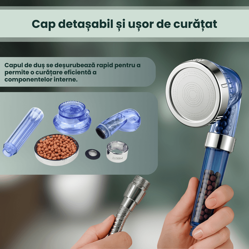 Casa si Gradina - Sanitare - Cazi si cabine de dus - Coloane si seturi de dus - Cap de dus cu filtru, 3 functii spray, Brivoo®, suport reglabil, fara gauri, montaj usor, culoare albastru-transparent - Infinity.ro
