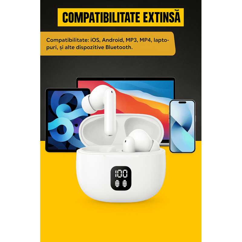 TV, Audio-Video si Foto - Portabile audio - Casti audio - Casti Bluetooth in-ear, Brivoo®, model HiFi stereosound, autonomie 36h, 4 microfoane, IP7 waterproof, albe - Infinity.ro