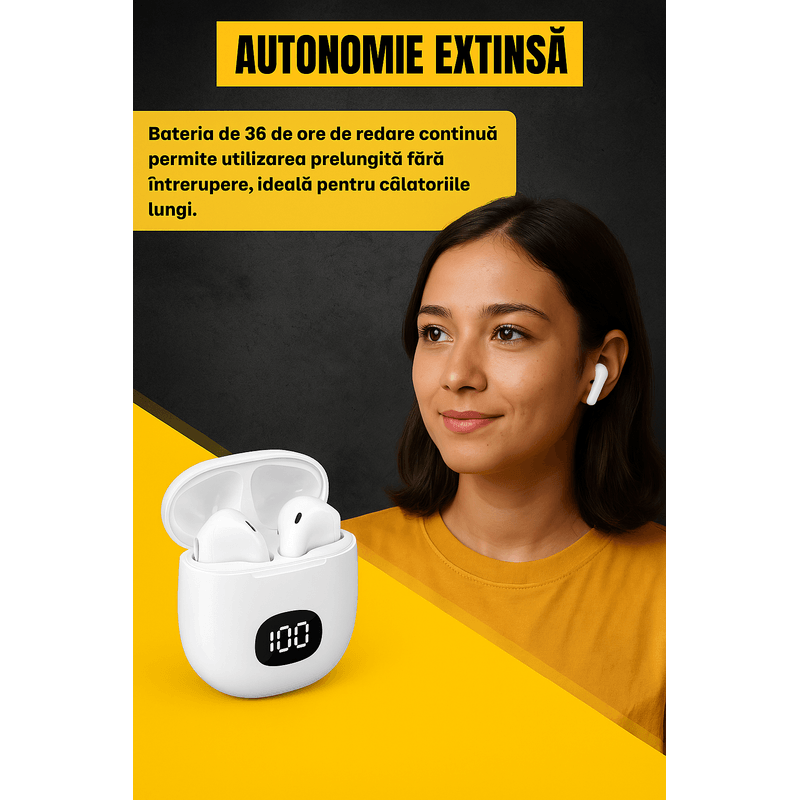 TV, Audio-Video si Foto - Portabile audio - Casti audio - Casti Bluetooth in-ear, Brivoo®, model HiFi stereosound, autonomie 36h, 4 microfoane, IP7 waterproof, albe - Infinity.ro