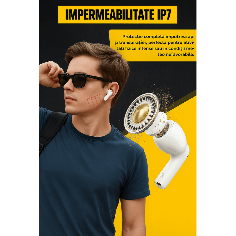 TV, Audio-Video si Foto - Portabile audio - Casti audio - Casti Bluetooth in-ear, Brivoo®, model HiFi stereosound, autonomie 36h, 4 microfoane, IP7 waterproof, albe - Infinity.ro