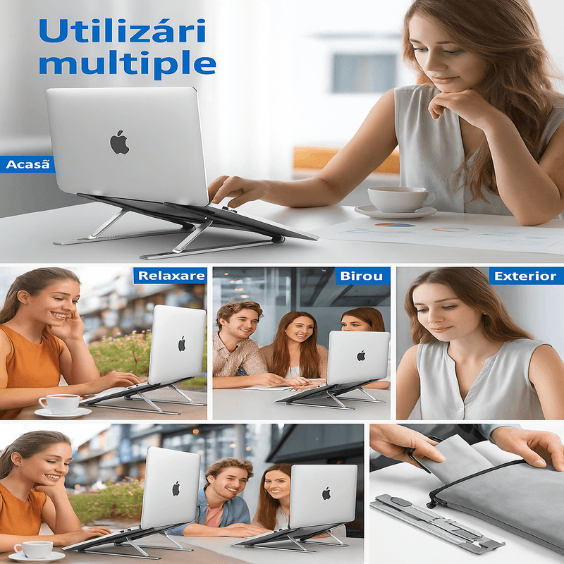 Laptop, Telefoane si Tablete - Laptopuri si accesorii - Accesorii Laptop - Standuri/Coolere notebook - Suport laptop universal Premium – Aluminiu, Pliabil, Reglabil in 6 Trepte, Design Ergonomic, Argintiu, Brivoo® - Infinity.ro