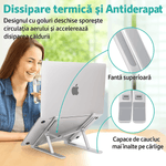 Laptop, Telefoane si Tablete - Laptopuri si accesorii - Accesorii Laptop - Standuri/Coolere notebook - Suport laptop universal Premium – Aluminiu, Pliabil, Reglabil in 6 Trepte, Design Ergonomic, Argintiu, Brivoo® - Infinity.ro