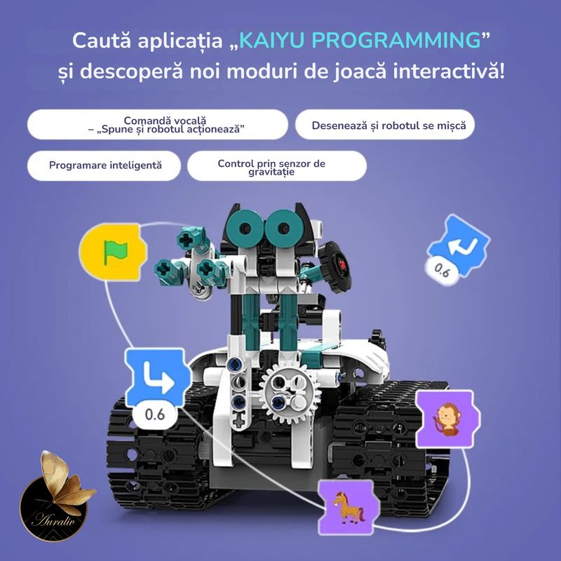 Jucarii, Copii si Bebe - Jucarii si jocuri - Vehicule si jucarii cu telecomanda - Roboti de jucarie - Robot Auraliv® 6+ cu 612 piese Set constructie inteligenta STEM control prin aplicatie si telecomanda mod vocal traseu - Infinity.ro