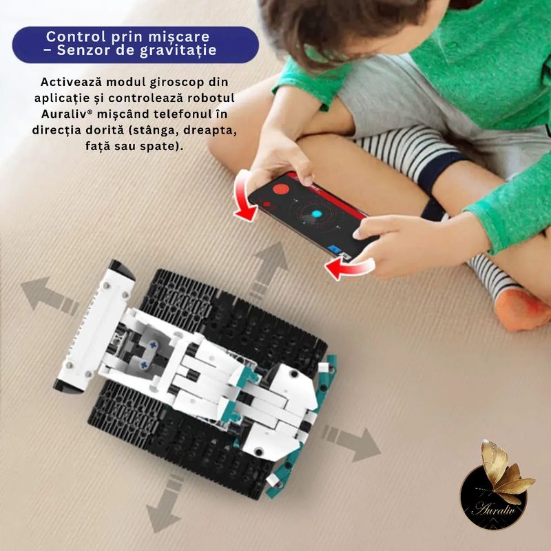 Jucarii, Copii si Bebe - Jucarii si jocuri - Vehicule si jucarii cu telecomanda - Roboti de jucarie - Robot Auraliv® 6+ cu 612 piese Set constructie inteligenta STEM control prin aplicatie si telecomanda mod vocal traseu - Infinity.ro