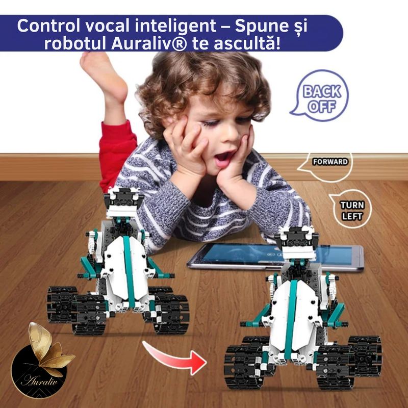 Jucarii, Copii si Bebe - Jucarii si jocuri - Vehicule si jucarii cu telecomanda - Roboti de jucarie - Robot Auraliv® 6+ cu 612 piese Set constructie inteligenta STEM control prin aplicatie si telecomanda mod vocal traseu - Infinity.ro