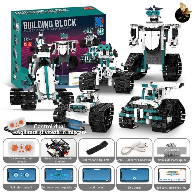 Jucarii, Copii si Bebe - Jucarii si jocuri - Vehicule si jucarii cu telecomanda - Roboti de jucarie - Robot Auraliv® 6+ cu 612 piese Set constructie inteligenta STEM control prin aplicatie si telecomanda mod vocal traseu - Infinity.ro