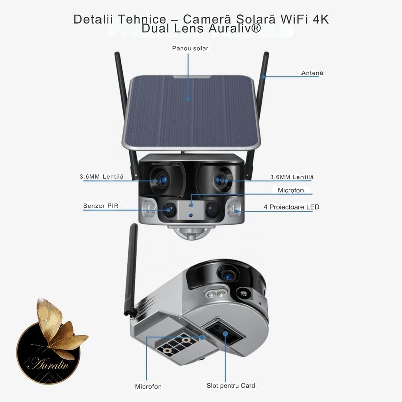 Casa si Gradina - Electrice - Smart Home - Camere de supraveghere - Camera de supraveghere solara WiFi 4K AURALIV Dual Lens impermeabila cu viziune nocturna color, audio bidirectional - Infinity.ro