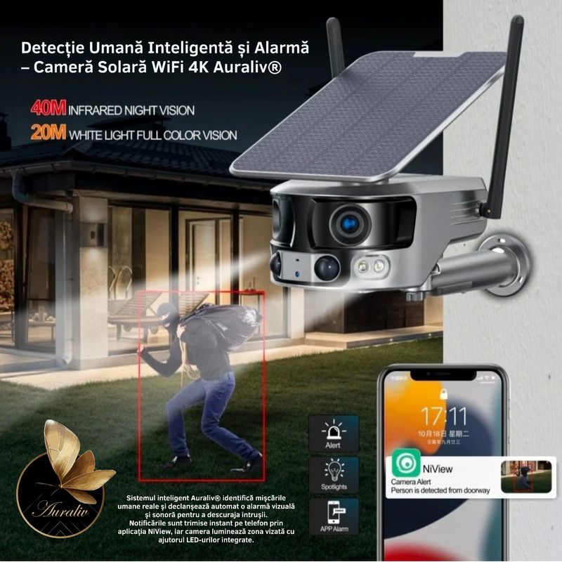 Casa si Gradina - Electrice - Smart Home - Camere de supraveghere - Camera de supraveghere solara WiFi 4K AURALIV Dual Lens impermeabila cu viziune nocturna color, audio bidirectional - Infinity.ro