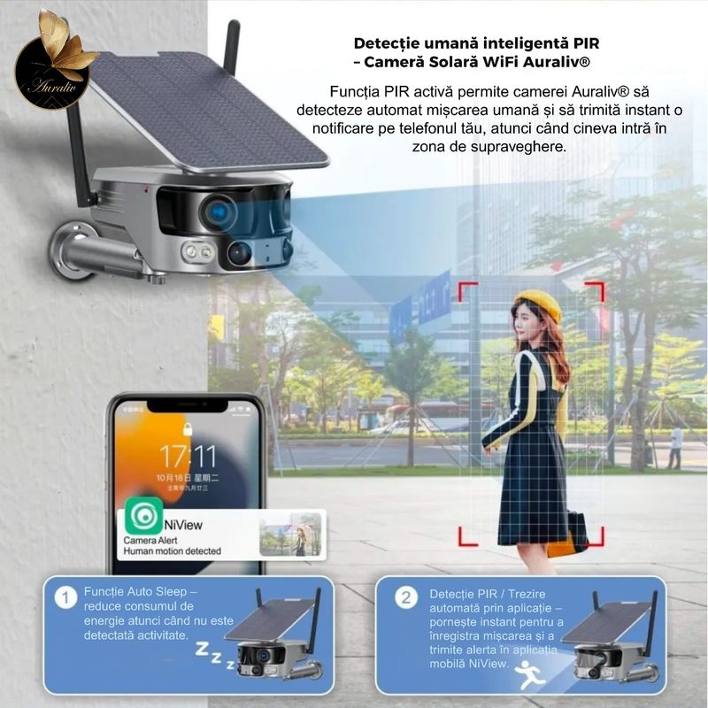 Casa si Gradina - Electrice - Smart Home - Camere de supraveghere - Camera de supraveghere solara WiFi 4K AURALIV Dual Lens impermeabila cu viziune nocturna color, audio bidirectional - Infinity.ro