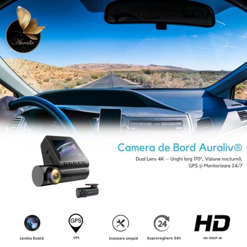 Auto si Moto - Electronice auto - Camere auto si DVR - Camera Auto Auraliv® 4K GPS WiFi card inclus Inregistrare fata spate Monitorizare parcare G-senzor Inregistrare ciclica - Infinity.ro