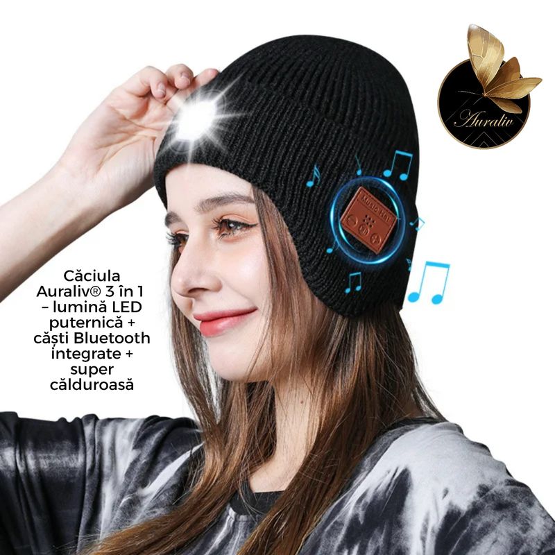Laptop, Telefoane si Tablete - Wearables si gadgeturi - Wearables - Caciula inteligenta AURALIV cu LED reincarcabil si casti Bluetooth integrate, unisex, calduroasa, tricot, - Infinity.ro