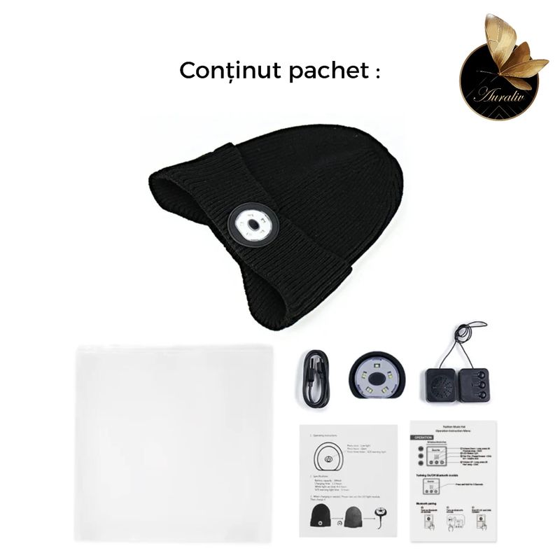 Laptop, Telefoane si Tablete - Wearables si gadgeturi - Wearables - Caciula inteligenta AURALIV cu LED reincarcabil si casti Bluetooth integrate, unisex, calduroasa, tricot, - Infinity.ro