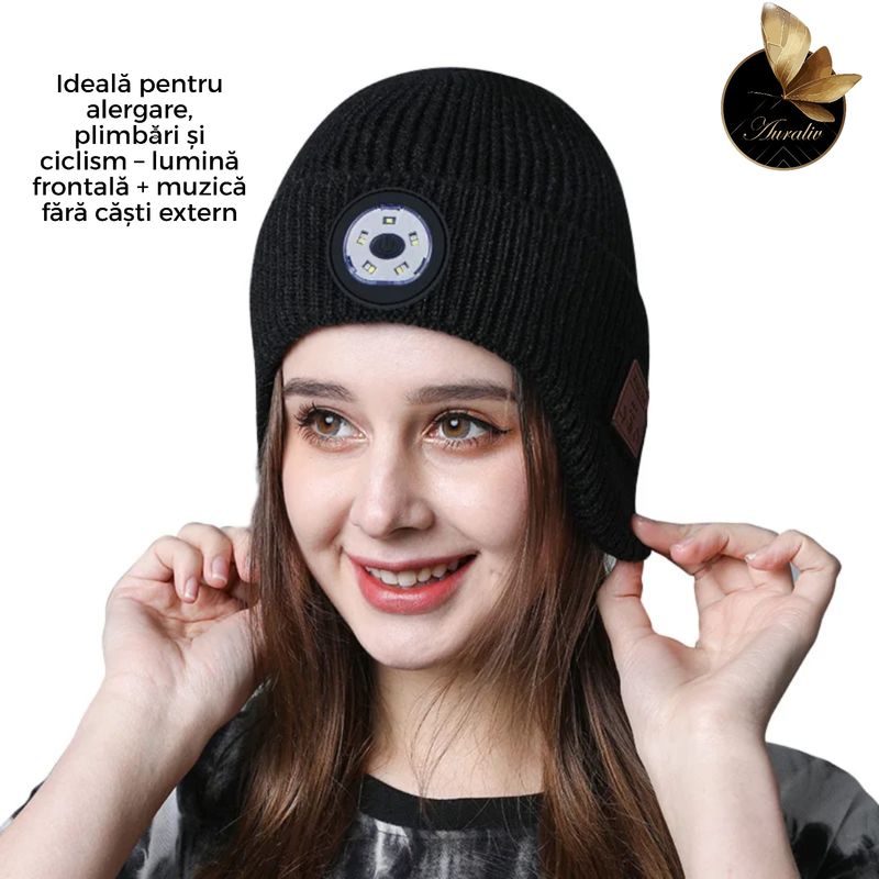 Laptop, Telefoane si Tablete - Wearables si gadgeturi - Wearables - Caciula inteligenta AURALIV cu LED reincarcabil si casti Bluetooth integrate, unisex, calduroasa, tricot, - Infinity.ro