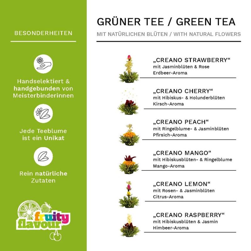 Market - Cafea si ceaiuri - Ceaiuri - Set cadou ceai infloritor Creano cu ceainic sticla 500 ml, 6 sortimente ceai verde fructat - Infinity.ro