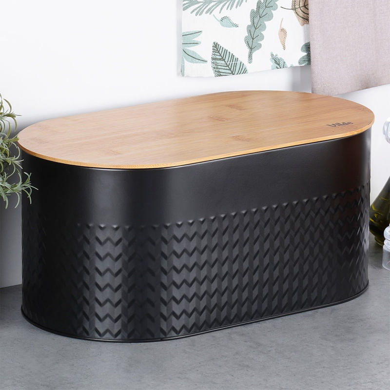 Casa si Gradina - Mobilier - Organizare si depozitare - Cutii depozitare - Cutia pentru paine din metal negru cu capac din lemn 34×18,5×15,5 cm - Infinity.ro