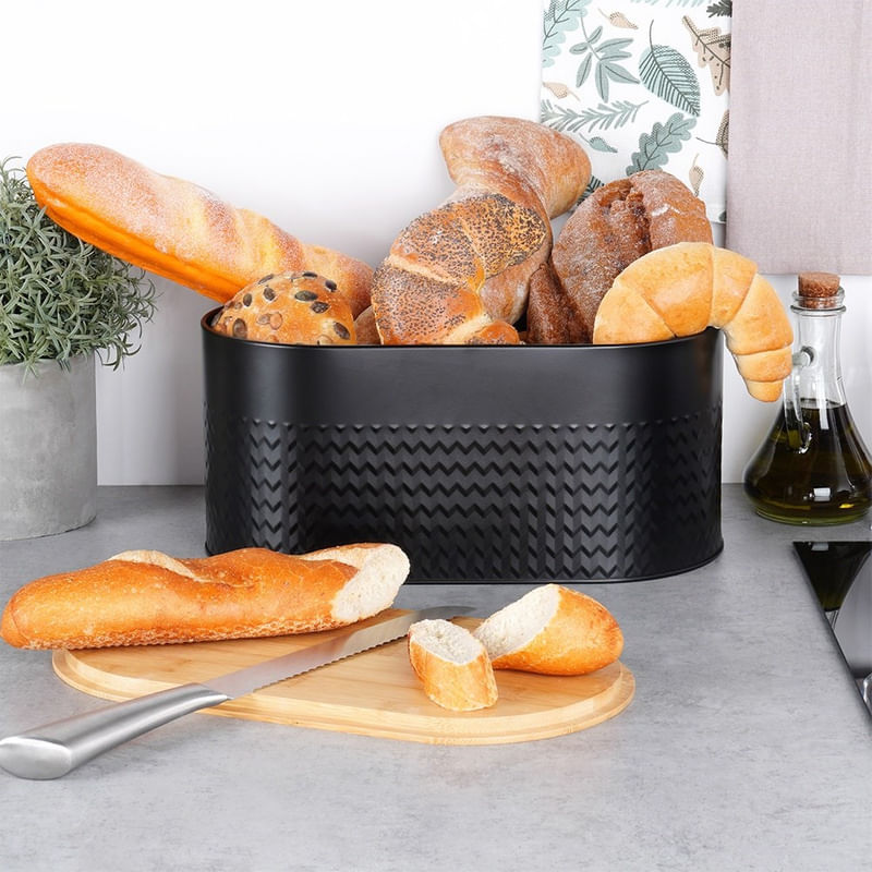 Casa si Gradina - Mobilier - Organizare si depozitare - Cutii depozitare - Cutia pentru paine din metal negru cu capac din lemn 34×18,5×15,5 cm - Infinity.ro