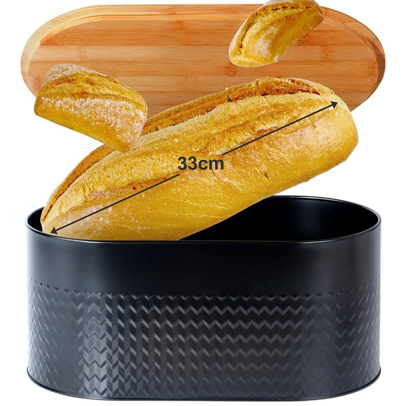 Casa si Gradina - Mobilier - Organizare si depozitare - Cutii depozitare - Cutia pentru paine din metal negru cu capac din lemn 34×18,5×15,5 cm - Infinity.ro