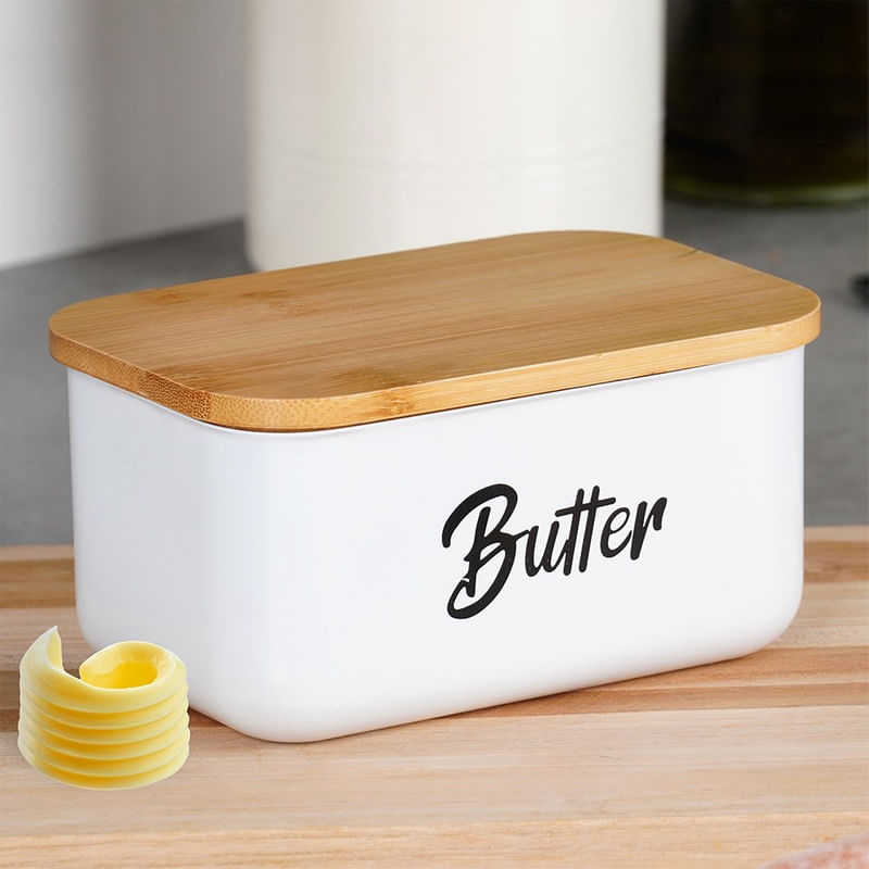 Casa si Gradina - Mobilier - Organizare si depozitare - Cutii depozitare - Recipientul pentru unt din otel alb, cu capac din bambus - Infinity.ro