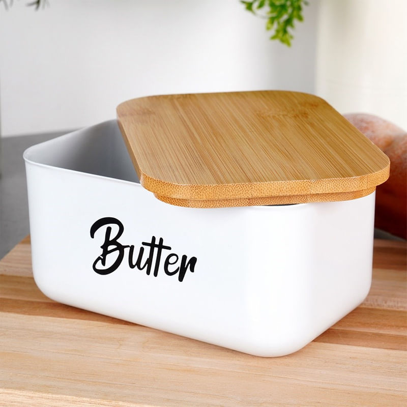 Casa si Gradina - Mobilier - Organizare si depozitare - Cutii depozitare - Recipientul pentru unt din otel alb, cu capac din bambus - Infinity.ro